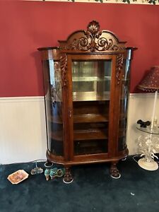 Antique American Tiger Oak Curved Glass Curio Cabinet Heavily Carved With Tiger