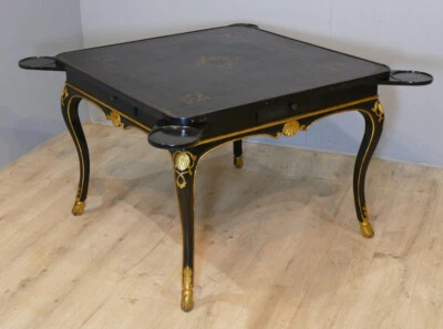 Table à Jeux Style Régence En Bois Laqué Noir Et Doré à La Feuille d'Or XX ème - Photo 1/4