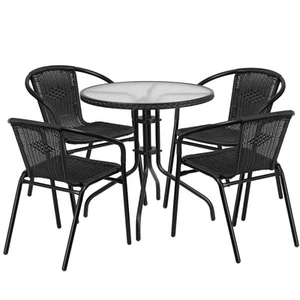 28'' Round Indoor-Outdoor Restaurant Table Set with 4 Black Rattan Chairs - Picture 1 of 2