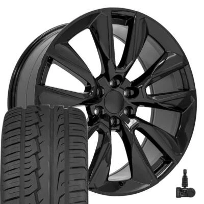 24 Inch Gloss Black 5916 Rims Tires & TPMS Set Fits Silverado Tahoe Suburban RST - Image 1 of 4