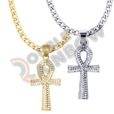 Мужчины из нержавеющей стали египетский анх ожерелье CZ крест подвеска 6 мм кубинская цепочка * P113 - Изображение 1 из 4