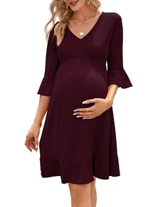 Women's Maternity Smocked 3/4 Sleeve Boho Dress V Neck Fall Casual Midi Dress - Picture 1 of 5