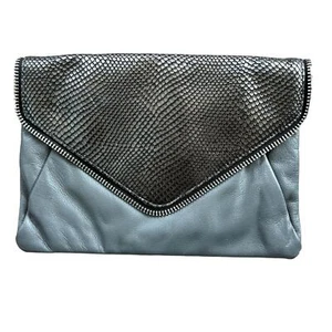 Halogen Umschlag Clutch Handtasche grau Leder Reißverschluss Borte kantig Retro Glam Designer - Bild 1 von 14