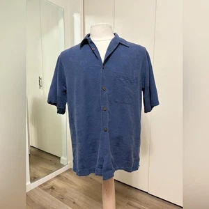 Haggar Men's Silk Blue Hawaiian Palm Print Button Down Short Sleeve Shirt Medium - Picture 1 of 5