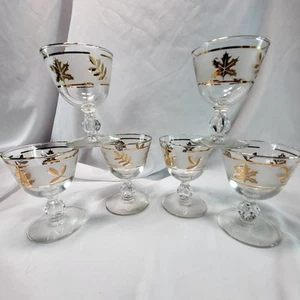 Set of 6 Libbey Frosted Gold Leaf Sherbet Dessert Footed Stem Glasses VTG MCM - Picture 1 of 10