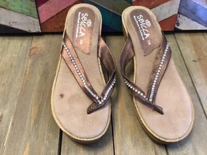SBICCA Wedge Flip Flop Sandals Rhinestones Sniny Metallic Copper Brown Size 10M - Picture 1 of 8