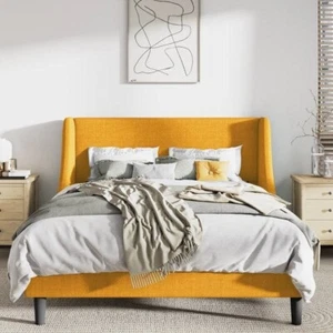 Full Size Yellow Linen Blend Upholstered Platform Bed with Wingback Headboard - Picture 1 of 1