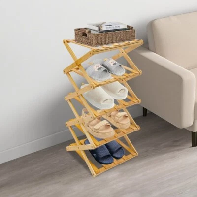 5 Tier Foldable Bamboo Shoe Rack Collapsible Log Color 26*26*71cm - Image 1 of 4