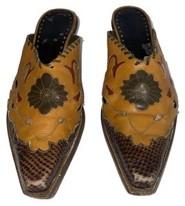 BCBG Leather Mules Cowboy Boot Shoes Red Black Slip On Casual Western Womens 9B - Picture 1 of 12