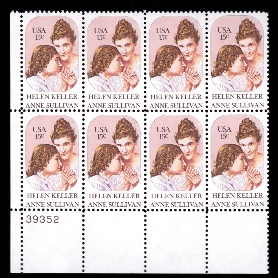 Scott #1824 Helen Keller Sullivan Braille Plate Block of 8 Stamps - MNH P#39352 - Image 1 of 1