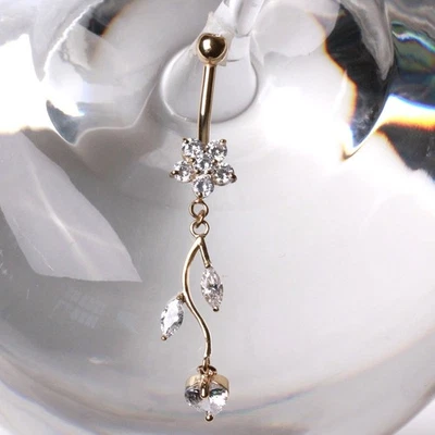 14Kt Yellow Gold Navel Ring with Flower & Vine - Image 1 of 4