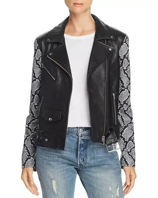 VEDA Black Snakeskin Skin Printed Sleeves Leather Jacket Size XS  - Small - Image 1 of 4