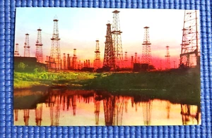 Vintage California Oil Wells Derricks at Sunset Kodachrome Postcard - Picture 1 of 2