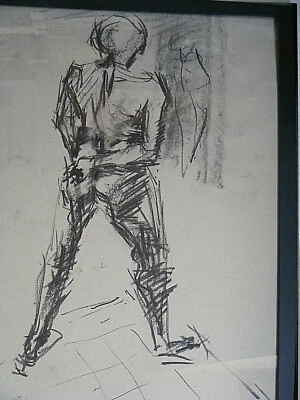 Figure life drawing nude, expressive charcoal / paper, man standing,   A1 size - Image 1 of 4