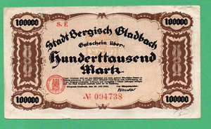 Banconote Germania Gladbach 100000 marchi carta moneta 1923 in circolazione 094738 - Foto 1 di 2