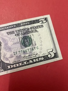 Fancy Serial Number $5 2006 IF 77667767 C Repeat Number . - Picture 1 of 6