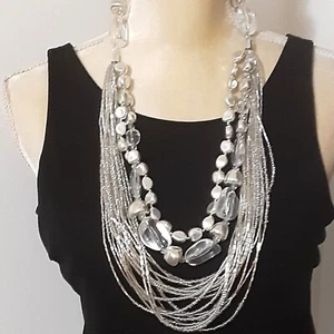 Chico's silver tone seed bead necklace faux pearl major statement piece 32" - Picture 1 of 2