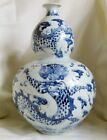 Ancien Grand Chinois Bleu & Blanc Main Peint Double Gourde Porcelaine Vase