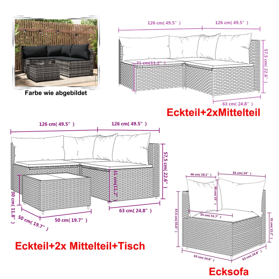 vidaXL Garten-Ecksofa mit Kissen Grau Poly Rattan