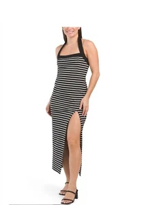  NICHOLAS Jane Contrast Square Neck Midi Black Stripe Dress. Size L. MSRP $395 - Picture 1 of 15