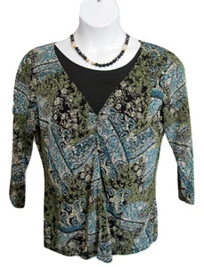 Notations Slinky Paisley SHIRT Sz XL Top Textured Turquoise Black Stretch Floral - Picture 1 of 8