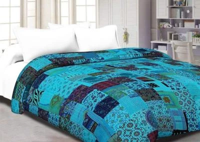 Kantha Quilt 100%Cotton Patchwork India Queen Indian Rali Turquoise Vintage Thro - Image 1 of 3