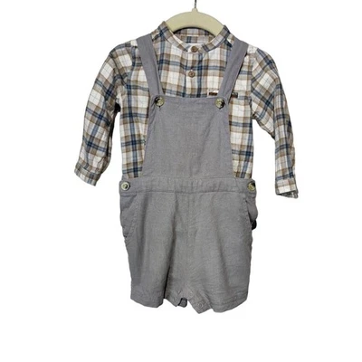 Baby Boys Sz 12mos Wheat Overalls Zara Plaid Long Sleeve Shirt Grey Tan - Image 1 of 4