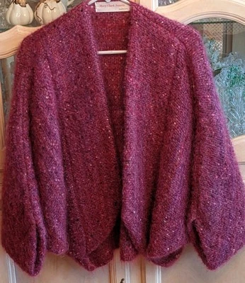 Handmade Woven Sweater Shrug Bolero Raspberry Tweed Sz Lg Mary Clark Schwartz  - Image 1 of 4