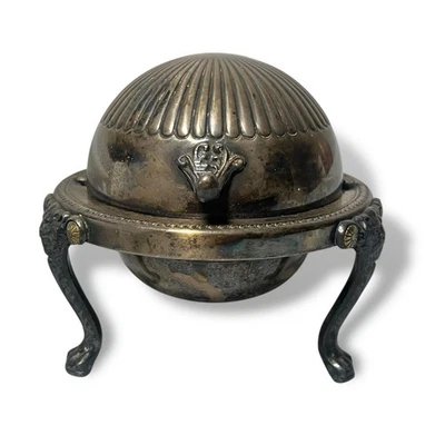 Antiguo F.B. Rogers Silver Co Pie de León Cúpula Tapa Enrollable Caviar Mantequilla Plato Servidor  Foto 1 de 4
