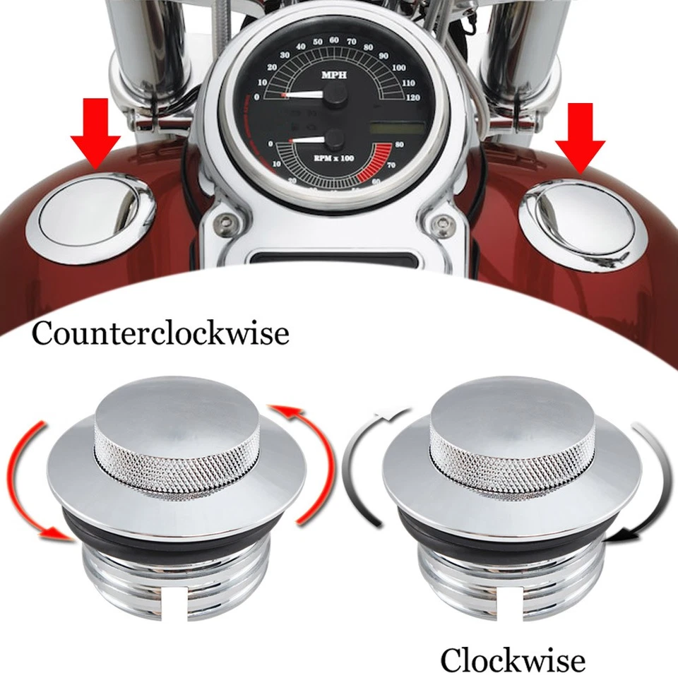 2X Tapa de gasolina con tanque de combustible ventilado emergente de montaje empotrado cromado para Harley Touring XL Dyna Foto 1 de 4