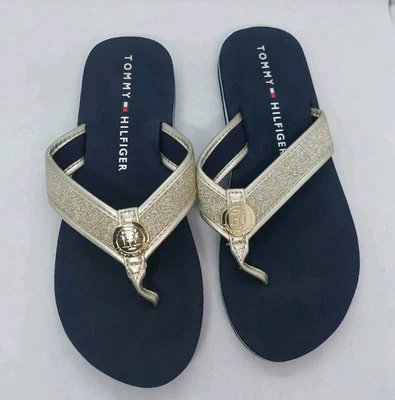 Sandalias Tommy Hilfiger Brillo Chanclas Beige Dorado Metálico Para Mujer Talla 7M Foto 1 de 4