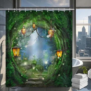 Enchanted Forest Shower Curtain Fantasy Bathroom Decor Green Tree Fairy Garde... - Picture 1 of 7