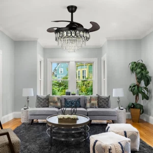 Luxury 42" Retractable Crystal Ceiling Fan Light w/ Remote, 6-Speed - Picture 1 of 9