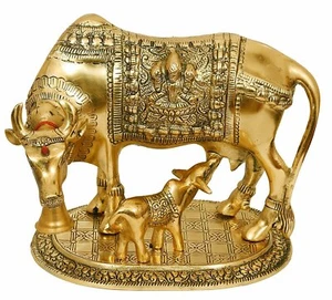 Kamdhenu Cow with Calf Metal Statue Spiritual Oxidized Metal Religious Showpiece - Picture 1 of 7