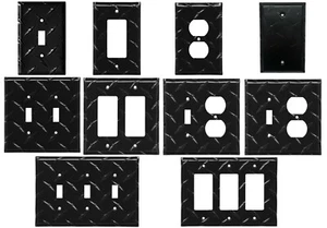 Diamond Plate BLACK Aluminum Wall Switch Plate Outlet Cover Toggle Rocker Garage - Picture 1 of 12