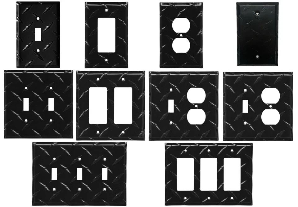 COLESTER DIRECT Diamond Plate BLACK Aluminum Wall Switch Plate Outlet Cover Toggle Rocker Garage