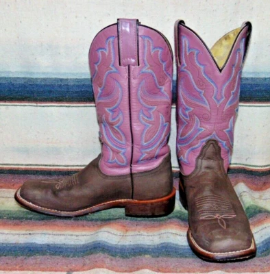 Womens Nocona Brown / Mauve Leather Cowboy Boots 6 1/2 B Very Good Used Cond - Image 1 of 4