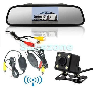 Wireless 4 LED Reversing Camera 170°+ 4.3" LCD Mirror Monitor Car Rear View Kit - Image 1 of 4