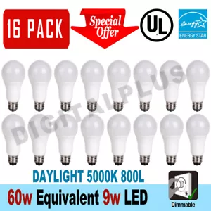 16 LED Light Bulbs 9W / 60W Replacement 800L Daylight 5000K A19 Dimmable E26 - Picture 1 of 3