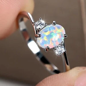 Sterling Silver Plated Promise Engagement Wedding Opal CZ Zirconia Ring R68 - Picture 1 of 9