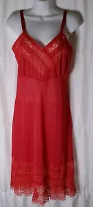 Vtg Venusform Full Slip Women 36 Red Nylon Pleated Chiffon Inserts Lace Hem Trim - Picture 1 of 7