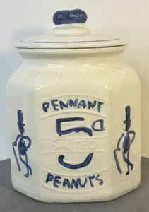 Vintage Pennant Planters Peanuts Ceramic White & Blue Canister Cookie Jar - Picture 1 of 19