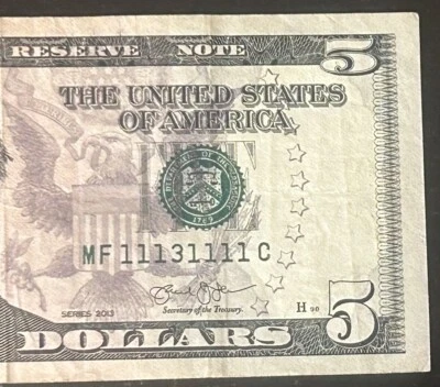 (NEAR SOLID!) $5 Binary Near Solid 7 Of A Kind Fancy Serial Number MF11131111C - Image 1 of 3