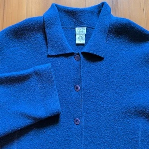 Eileen Fisher Sweater Womens Large Blue Collared Boiled Wool Button Front Jacket - Picture 1 of 12