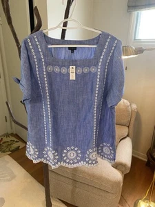 Talbots Lt Blue Linen Cotton Short Sleeve Top With White Crochet Embleshiment 1X - Picture 1 of 17