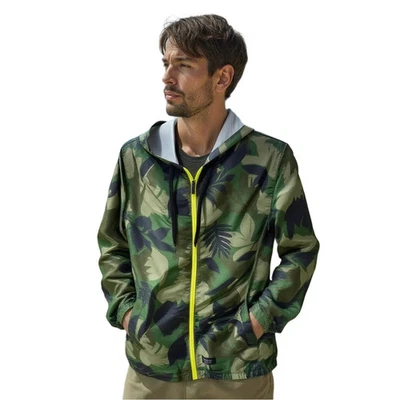 Men's Green Hawaiian Print Hooded Windbreaker Jacket with Zip Pockets by Matix - Image 1 of 4
