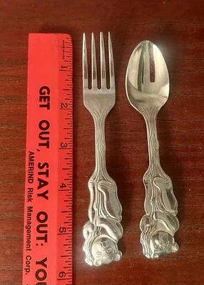 Oso de peluche Oneida Community Cubby niño bebé/jóvenes y tenedor 2 piezas, acero inoxidable Foto 1 de 3