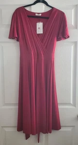 Pinup modisches rotes Damenkleid 16 W Surplice Fit & Flare Gürtel kurze Ärmel neu mit Etikett - Bild 1 von 7