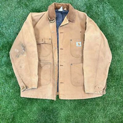 Casaco de lona marrom vintage anos 90 Carhartt forrado com cobertor celeiro EUA 6BLC com capuz - Imagem 1 de 4