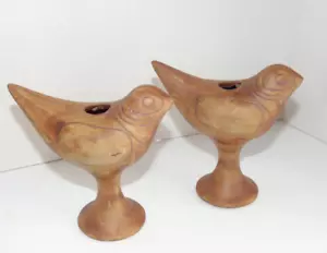 Set 2 portacandele uccellino vintage in ceramica argilla marrone altezza 5" non marcati - Foto 1 di 5